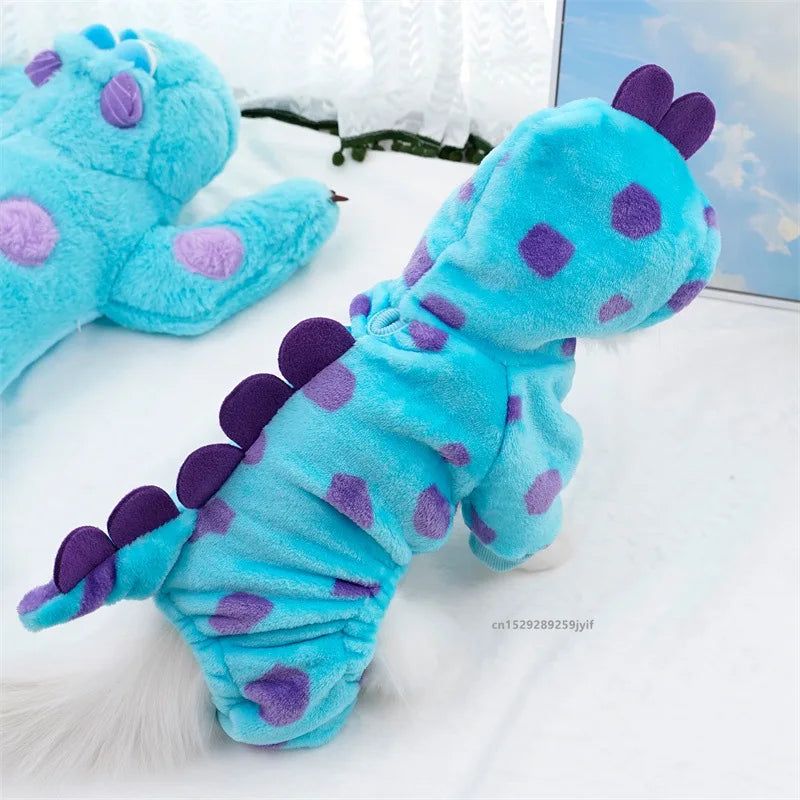 Pet Clothing Dog Cat Autumn and Winter Thickened Warm Blue Dinosaur Hooded Coat Puppy Costume for Small Medium Dogs
