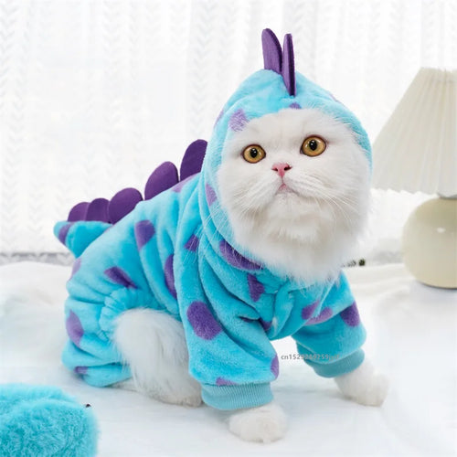 Pet Clothing Dog Cat Autumn and Winter Thickened Warm Blue Dinosaur Hooded Coat Puppy Costume for Small Medium Dogs
